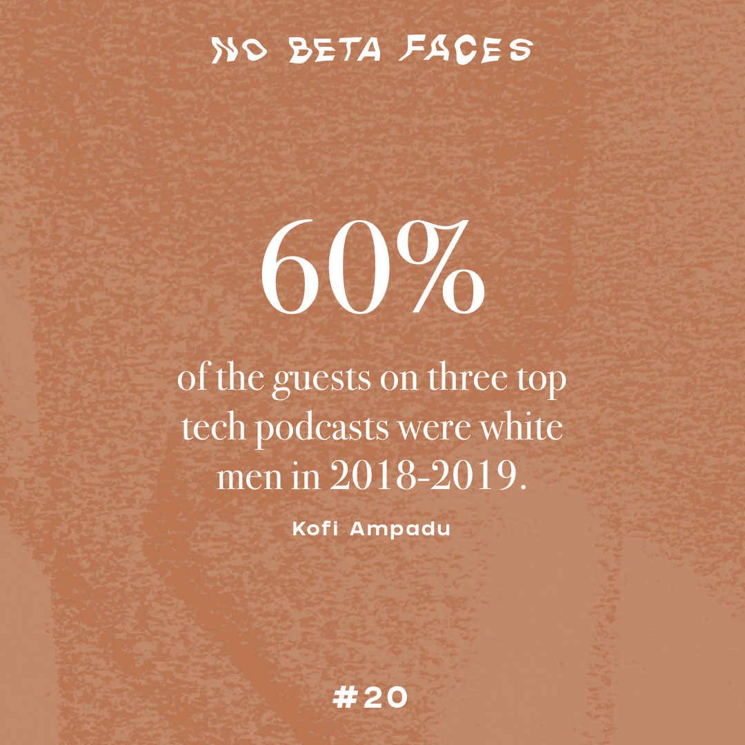 60% of the guests on three top tech podcasts were white men in 2018-2019. (Kofi Ampadu)